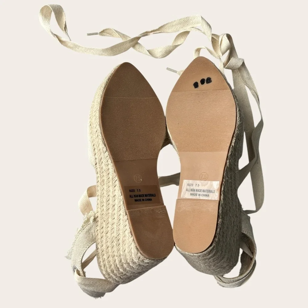 Lulus Elsinore Linen Lace-Up Espadrille Wedges Beige Closed‎ Toe 7.5 NWOT